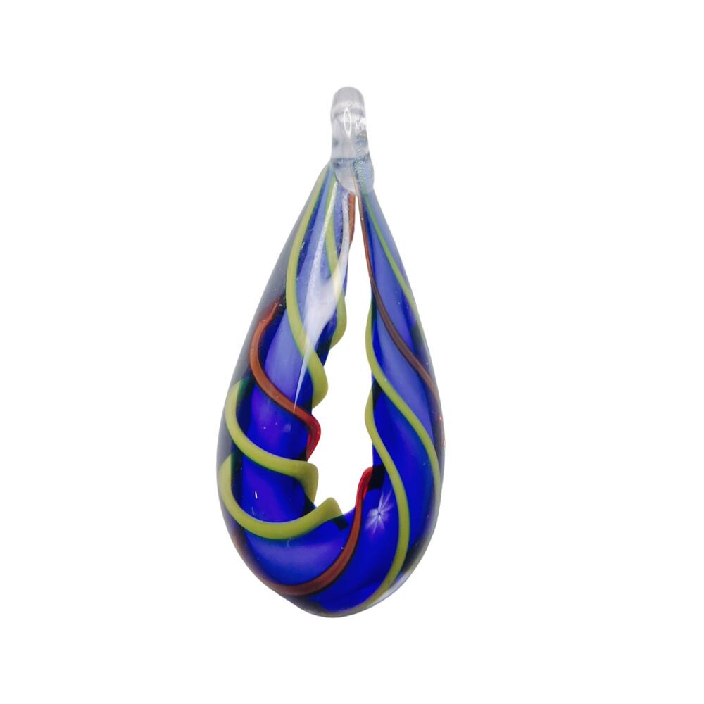Handblown Murano Style Art Glass Teardrop Pendant Blue Red Lime Swirl Teardrop